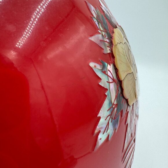 Vntg. Cloisonné Mother of Pearl inlay Red Enamel on Brass VASE 11” tall Large si - Picture 5 of 14